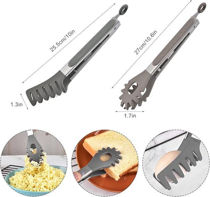 2x Spaghetti Tongs - Kitchen Tongs - Serving Tongs - BBQ Tongs - Stainless Steel and Silicone - Meat Tongs - Heat Resistant - Non-Stick - Barbecue Tongs - Spaghetti Tongs - Salad Tongs - Kitchen Utensils - Barbecue Accessory - 2 Different Shapes - Grey -  - Image 5