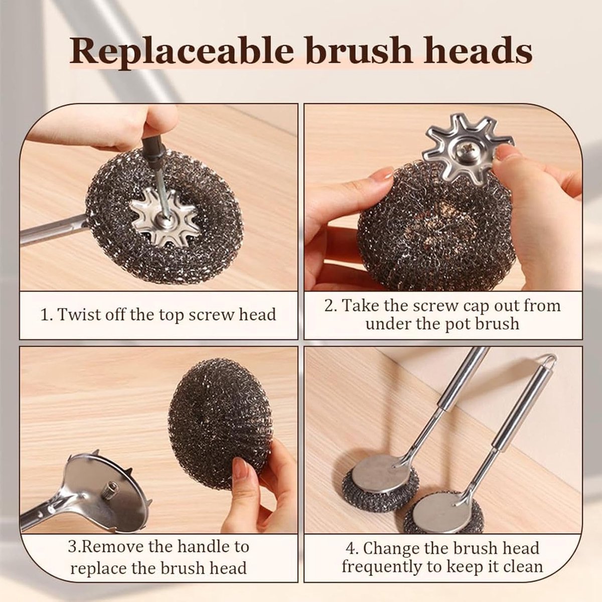 Dish Brush/ Steel Brush - Kitchen Brush - Cleaning Brush - Dishwashing Brush - Kitchen Steel Wool Pot Scrubber - For Dishes, Pots, Stoves, Sink - Detachable Brush - With 1 Replacement Head - Can Be Hung - Image 3