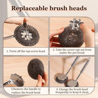 Dish Brush/ Steel Brush - Kitchen Brush - Cleaning Brush - Dishwashing Brush - Kitchen Steel Wool Pot Scrubber - For Dishes, Pots, Stoves, Sink - Detachable Brush - With 1 Replacement Head - Can Be Hung - Image 3
