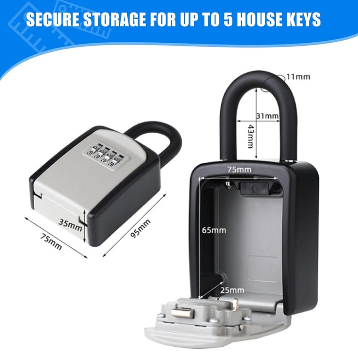 Outdoor/Indoor Key Safe - Small Key Safe with Code - Key Cabinet - Key Box - Small Safe with Combination Lock - Central Key Storage - Removable Lock - No Drilling Required - Wall-Mounted - Water-Resistant - Grey - Image 3