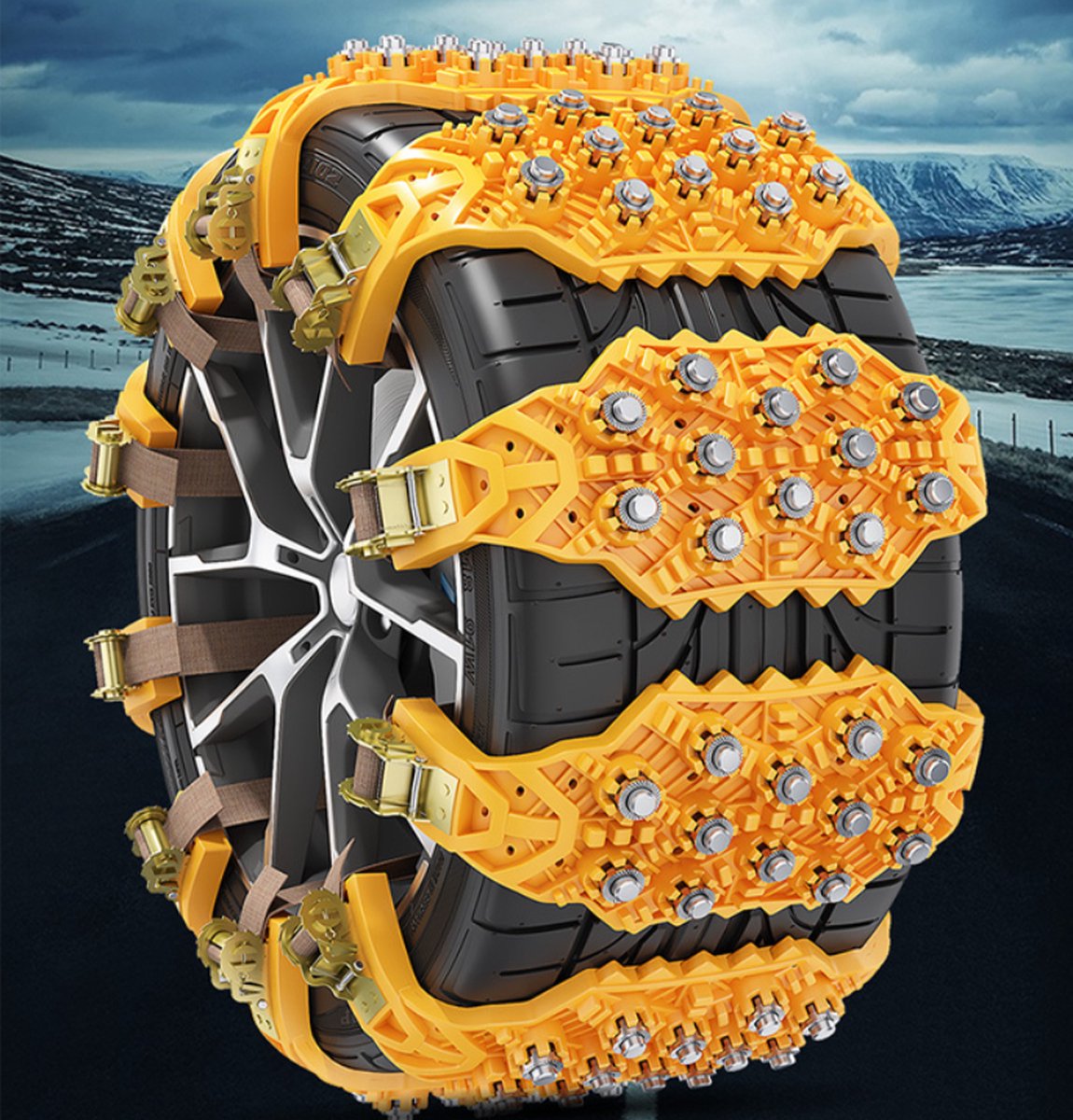 Snow Chains - Safety - Winter Car - Tires - Quick and Easy Installation - For Various Tire Sizes - For Car/SUV Tire Widths With 165 mm-265 mm - Jump Start Anti-Slip Chains - 40x11 cm - Yellow - 1 Piece - Image 2