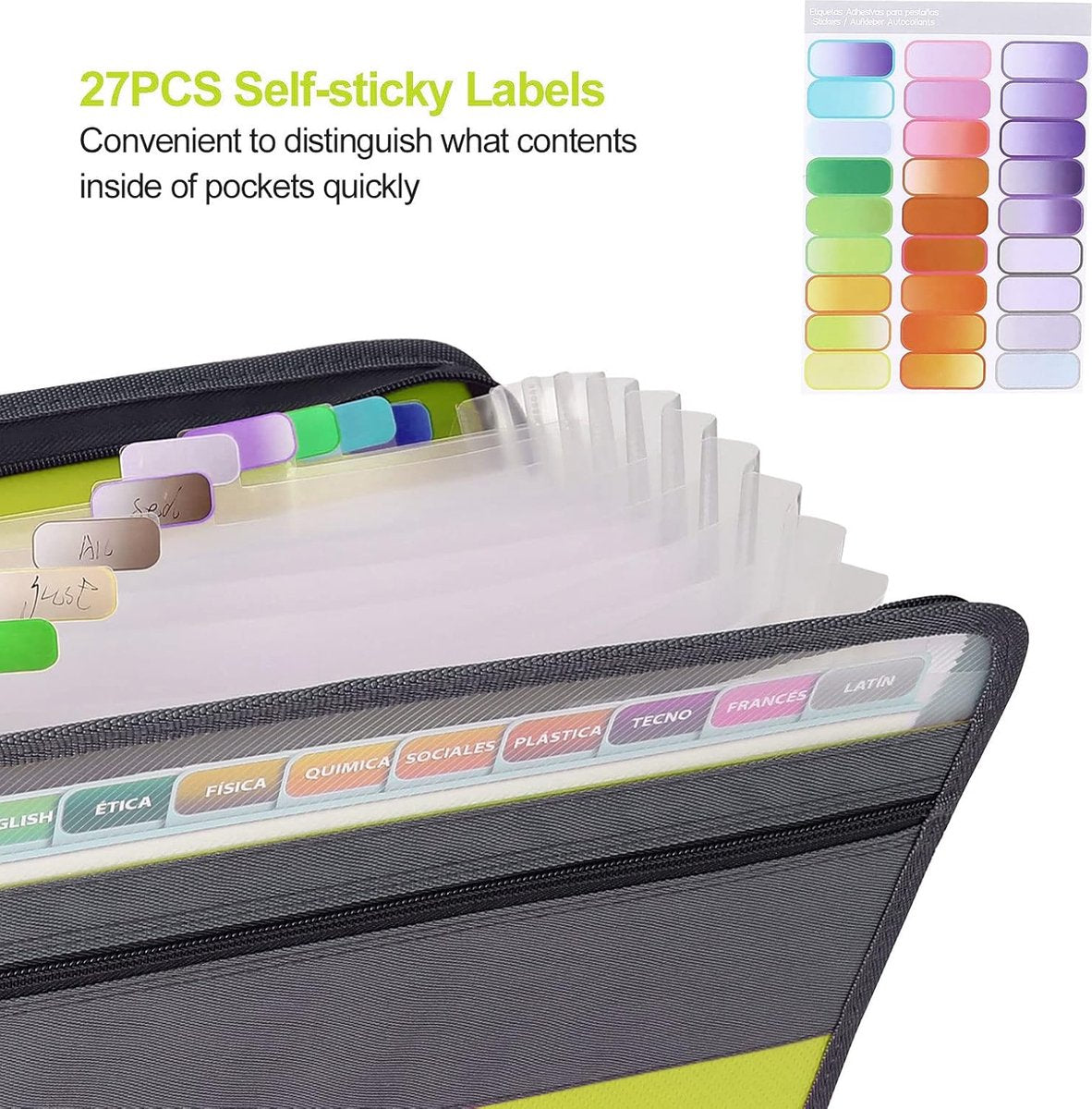Project Folder - A4 - Foldable File Folder with Tabs - 13 Compartments - Storage Folder/Sorting Folder - Compartment Folder - Durable Plastic Document Folder - Writing Folder with Zipper - Conference Folder - Work Folder - Document Folder - Green - Portab - Image 4