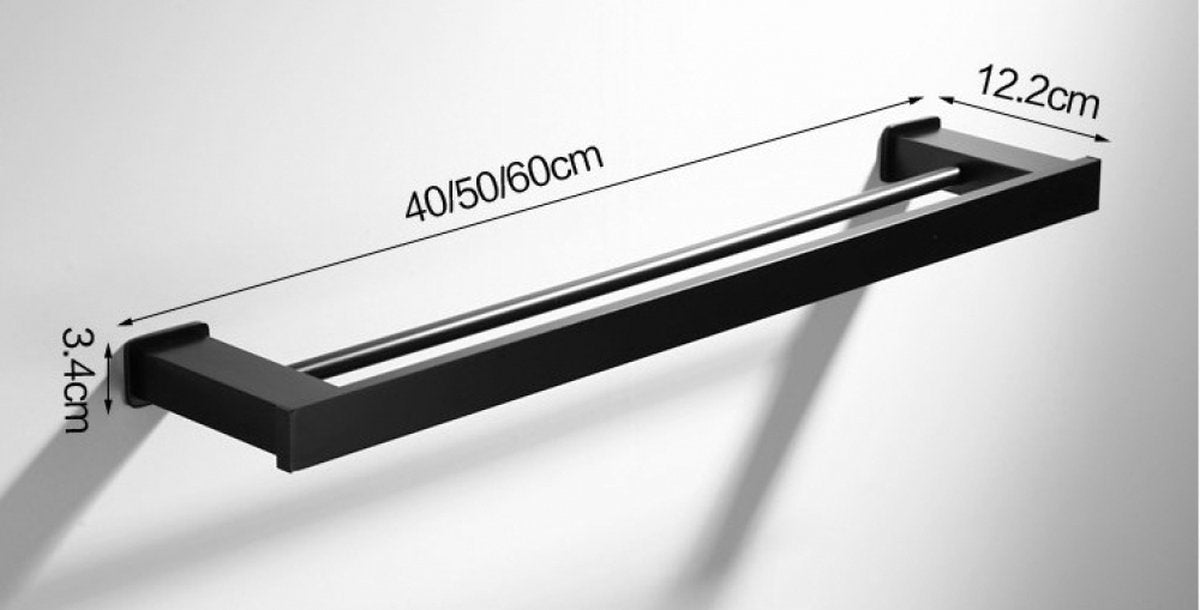 Towel Rack - 40 CM - Towel Bar - Bathroom Towel Rack - Bathroom Shelf - Double Bar - Self-Adhesive or Drill - Shower Rack - Towel Bar - Towel Holder - Aluminum - Black - Bathroom Accessories - Durable & Sturdy - Image 2