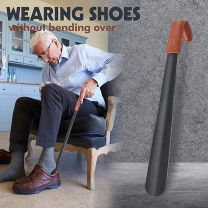 Long Shoehorn - 42cm - Stainless Steel - Shoe Puller - Shoe Horn - Leather Handle - With Leather Pouch - Durable and Extra Strong - Easy to Put On Shoes - Can Be Hung - Black - Image 2