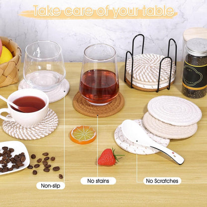 Cork Coasters - Set of 8 with Holder - Woven Coasters - Handmade - Thicker - Highly Hygroscopic - Anti-Slip - Placemats for Glasses - Coaster Set - Coasters - Round - Natural & Eco-Friendly - Minimalist Style - Image 5