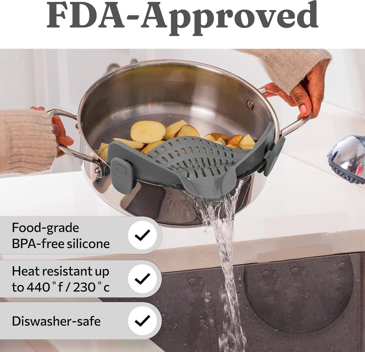 Silicone Colander - Kitchen Draining Lid - Draining Aid - Silicone - BPA Free - Safe Hands-Free Draining - Colander - Safe Draining - Solid Compact Kitchen Draining Lid - Draining Lid - Grey - Dishwasher Safe - For All Sizes of Pans - Image 4