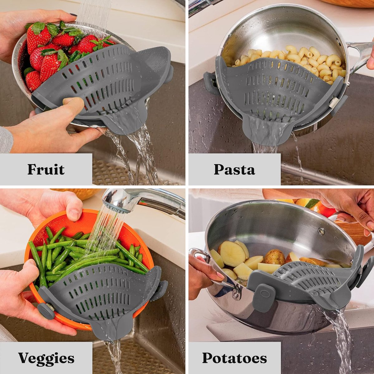 Silicone Colander - Kitchen Draining Lid - Draining Aid - Silicone - BPA Free - Safe Hands-Free Draining - Colander - Safe Draining - Solid Compact Kitchen Draining Lid - Draining Lid - Grey - Dishwasher Safe - For All Sizes of Pans - Image 5