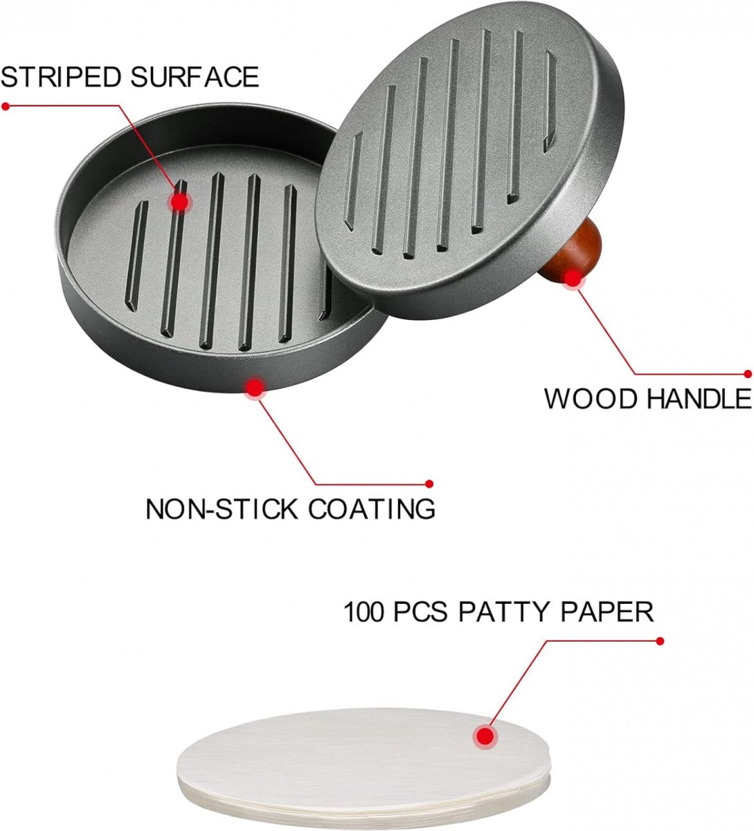 Hamburger Press - Stainless Steel - Hamburger Maker - Burger Press - Burger Press - Hamburger Presses - Hamburger Shaper - Burger Meat Press - Includes 100 Sheets of Wax Paper - Dishwasher Safe - BBQ Accessories - BBQ Tools - Image 2