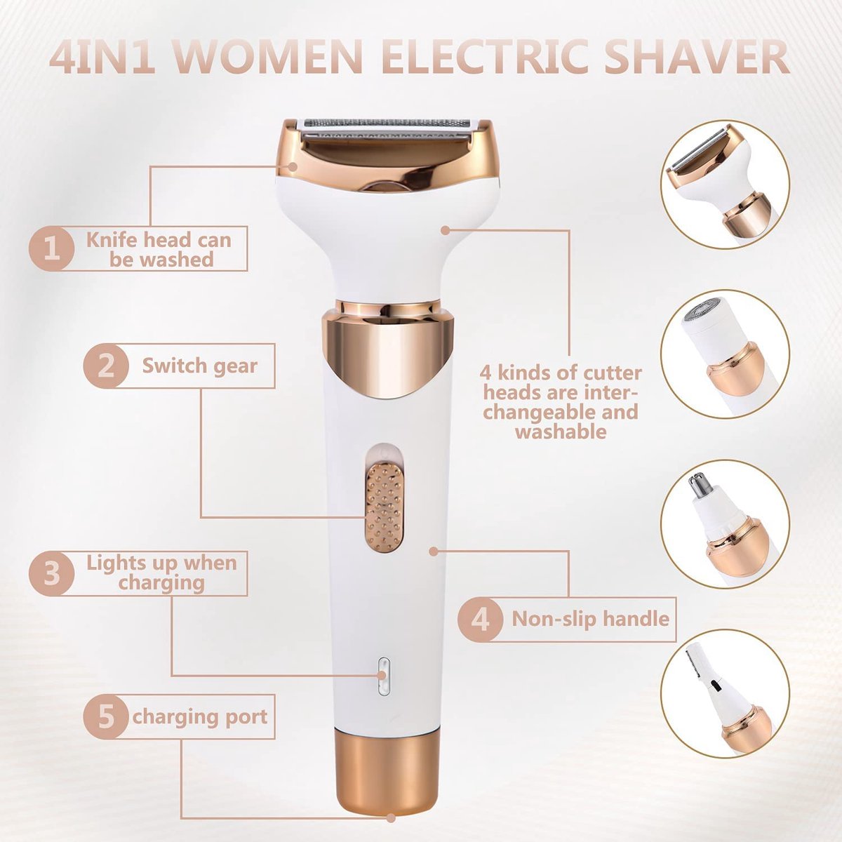 Women's Epilator - Epilator for Easy Hair Removal - 4 Attachments - Women's Epilator - Bikini Trimmer - Facial Epilator - Wet & Dry - Epilators - Facial Cleanser - Hair Removal Device - USB Rechargeable - Gold - Face/Underarms/Legs/Genuine - Image 3