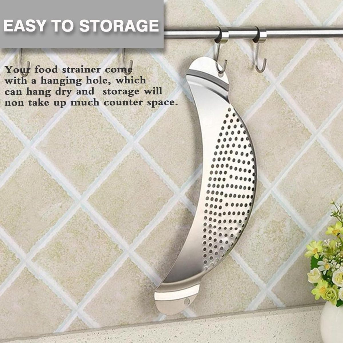 Stainless Steel Draining Aid - Draining Lid with Handles - Colander - 33.5 Cm - BPA-Free - Solid Compact Kitchen Draining Lid - Colander - Kitchen Sieve - Dishwasher Safe - Easy Draining - Storage Hook - For All Sizes of Pans - Image 2