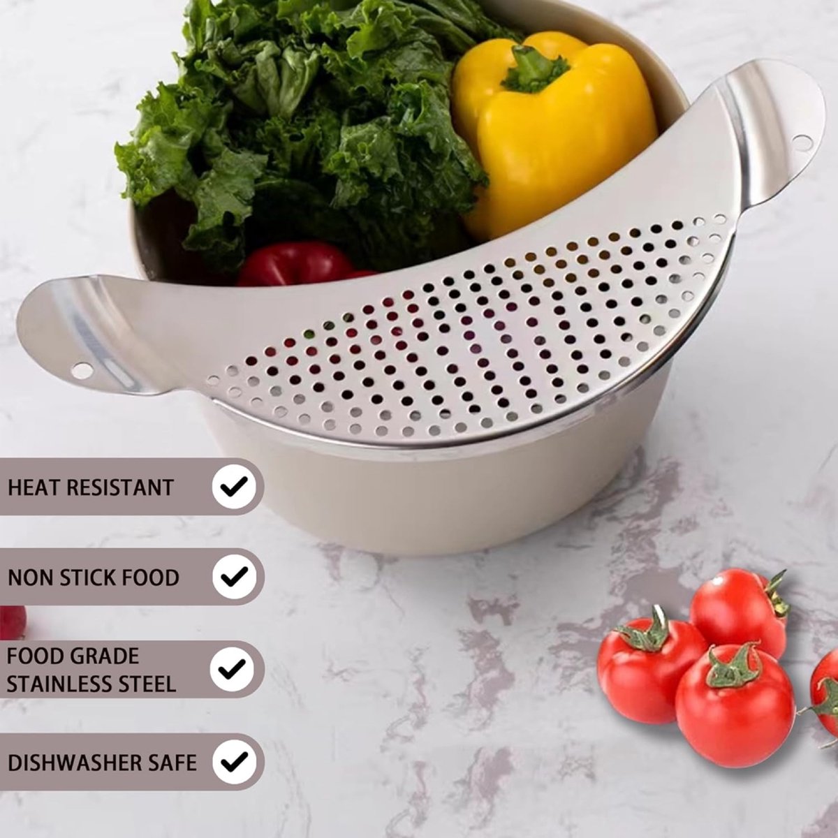 Stainless Steel Draining Aid - Draining Lid with Handles - Colander - 33.5 Cm - BPA-Free - Solid Compact Kitchen Draining Lid - Colander - Kitchen Sieve - Dishwasher Safe - Easy Draining - Storage Hook - For All Sizes of Pans - Image 4