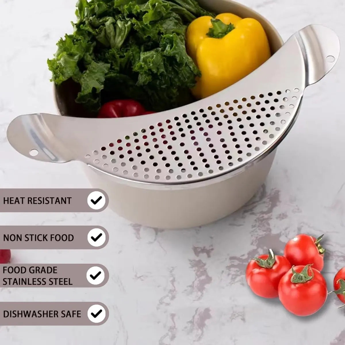 Stainless Steel Draining Aid - Draining Lid with Handles - Colander - 33.5 Cm - BPA-Free - Solid Compact Kitchen Draining Lid - Colander - Kitchen Sieve - Dishwasher Safe - Easy Draining - Storage Hook - For All Sizes of Pans - Image 4