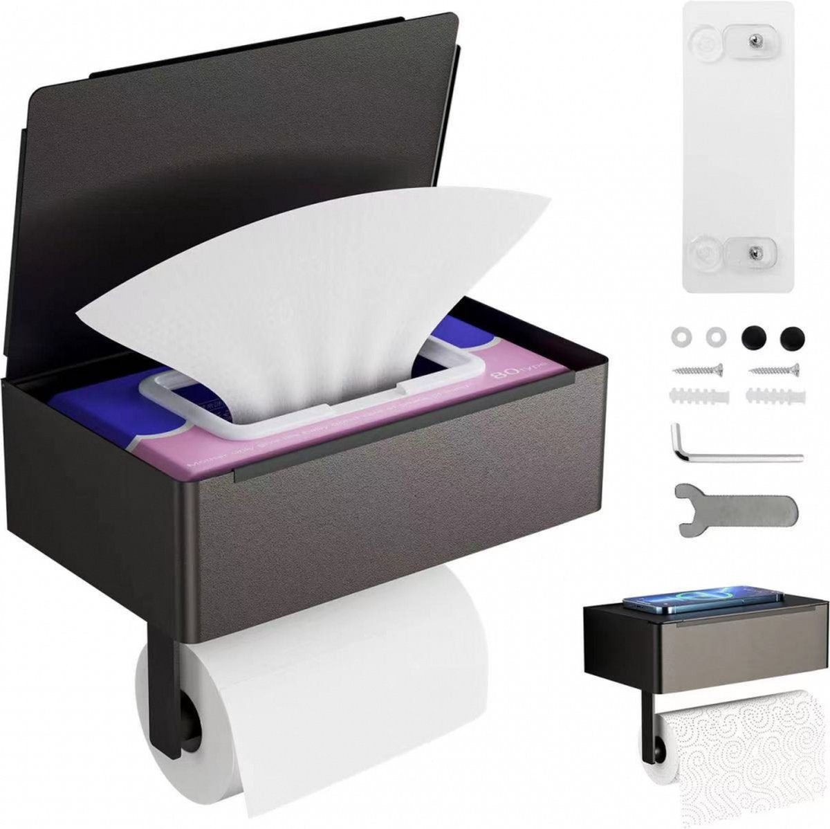 Toilet Roll Holder - Toilet Roll Holder with Shelf - Toilet Paper Holder - Small Shelf & Tray - Shelf Storage Space - Self-Adhesive or Drill-Removed - Bathroom Accessories - Water Resistant - Black - Image 4