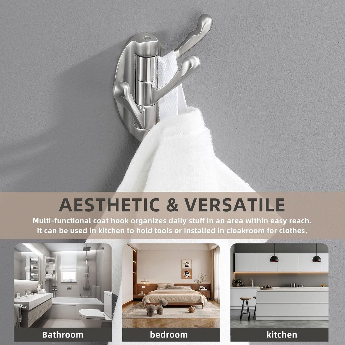 Wall Hook - Swivel Hooks - Foldable Towel Hook - Triple Hook - Hooks - Hanging Hooks - Wall Hook - Coat Hook - Towel Hanger - Towel Hooks - Coat Rack Hook - Coat Rack Hooks - Hat Hook - Metal - For Bathroom, Kitchen - Brushed Silver - Image 3