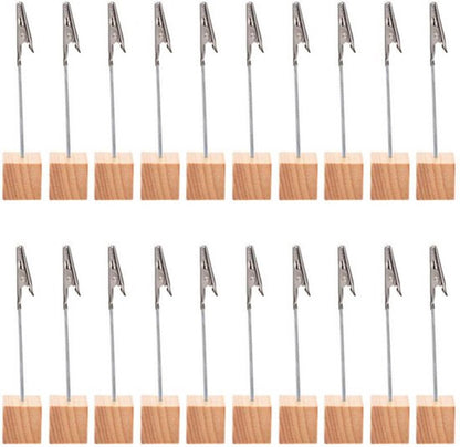 20 pieces wooden memo clip holder table numbers place card holders lightweight wooden cube base, memo photo photo paper note clip - brown
