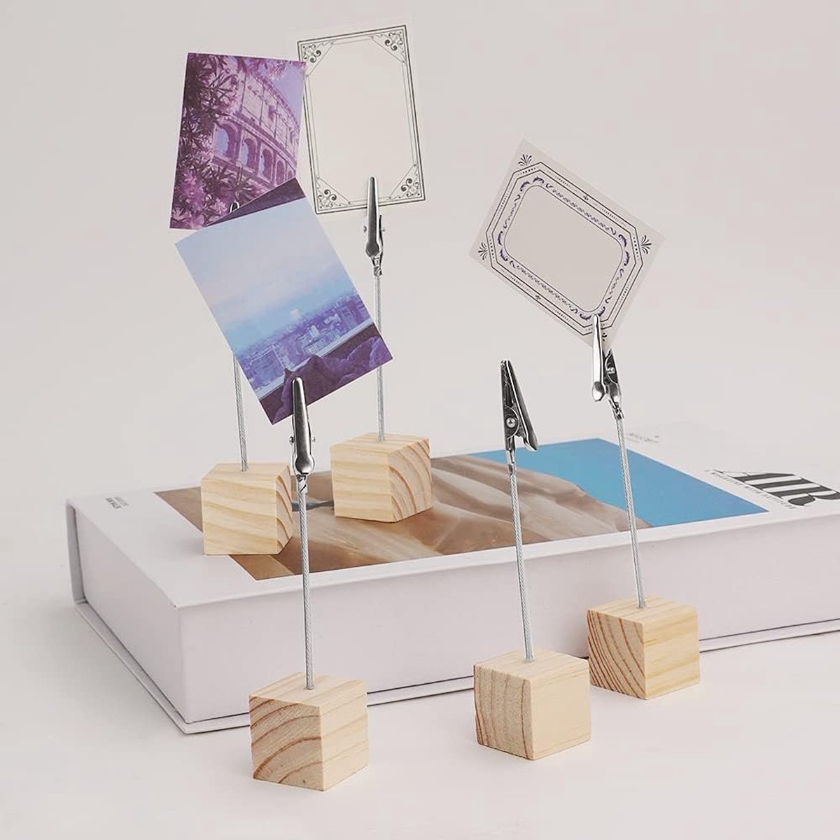 20 pieces wooden memo clip holder table numbers place card holders lightweight wooden cube base, memo photo photo paper note clip - brown - Image 4
