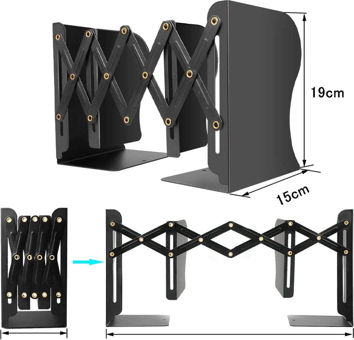 Bookend - Book Stand - Book Holder - Book Support - Bookends - Magazine Holder - Adjustable - Stylish Design - Non-Slip Feet - Multifunctional Use - For Shelves, Office, Library, Home and School - Metal - Black - Image 4