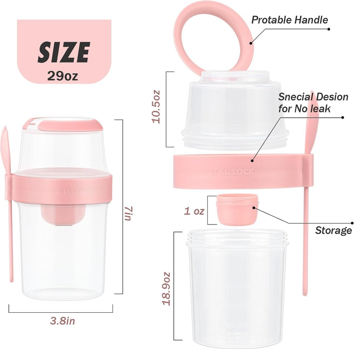 Yogurt Cup - Yogurt Cup To Go - Lunch Pot - BPA-Free - With Spoon - Muesli Cup To Go - Lunch Cup - Lunch Box - Lunch Container - Takeaway - Leakproof - Medium - 560 + 310 ml - Salad To Go - Salad Box - Pink and Green - Sustainable - Image 2