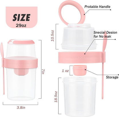 Yogurt Cup - Yogurt Cup To Go - Lunch Pot - BPA-Free - With Spoon - Muesli Cup To Go - Lunch Cup - Lunch Box - Lunch Container - Takeaway - Leakproof - Medium - 560 + 310 ml - Salad To Go - Salad Box - Pink and Green - Sustainable - Image 2