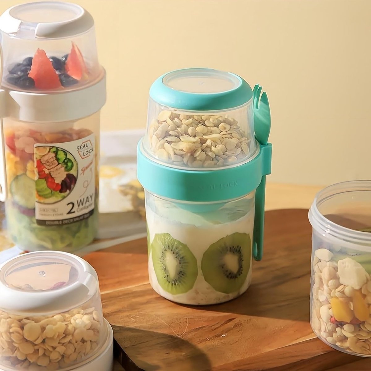 Yogurt Cup - Yogurt Cup To Go - Lunch Pot - BPA-Free - With Spoon - Muesli Cup To Go - Lunch Cup - Lunch Box - Lunch Container - Takeaway - Leakproof - Medium - 560 + 310 ml - Salad To Go - Salad Box - Pink and Green - Sustainable - Image 3