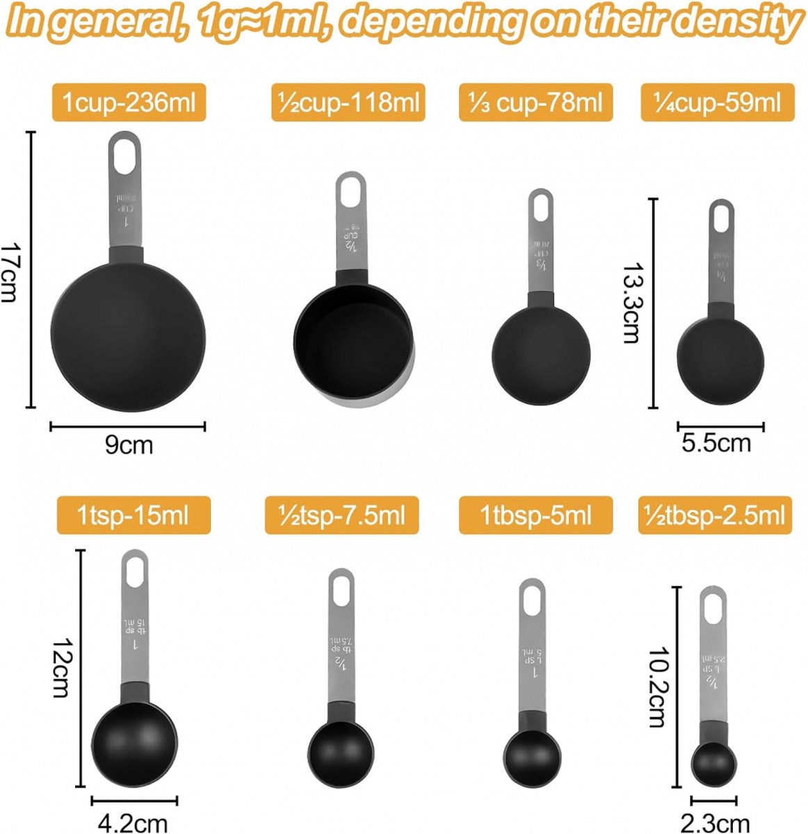 8-Piece Set of Measuring Spoons & Cups - Measuring Cups - Measuring Cups - Scoops in Various Sizes - Cups & Spoons - Durable - Practical - For Precise Weighing and Measuring - Black - Image 5