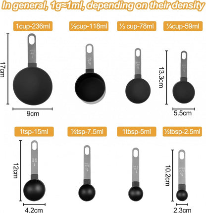 8-Piece Set of Measuring Spoons & Cups - Measuring Cups - Measuring Cups - Scoops in Various Sizes - Cups & Spoons - Durable - Practical - For Precise Weighing and Measuring - Black - Image 5