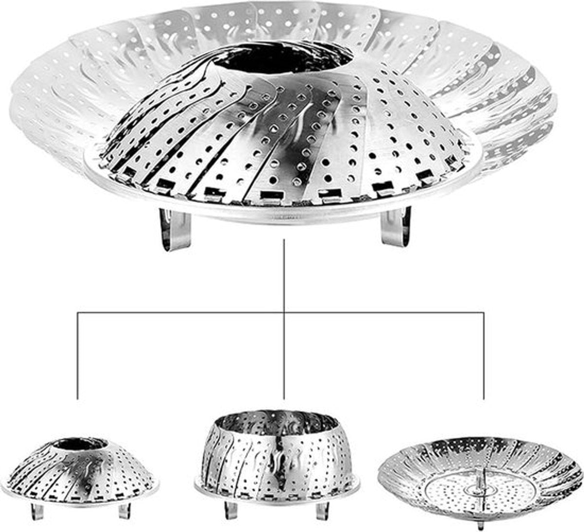 Steamer Basket - Vegetable Steamer - Stainless Steel - Steaming Rack - Steamer Basket Pan - Adjustable - Foldable Steamer Basket - Diameter 24 Cm - Steam Flower - Steamer Basket - For Vegetables, Pans and Various Cooking Processes - Silver - 1 Piece - Image 2