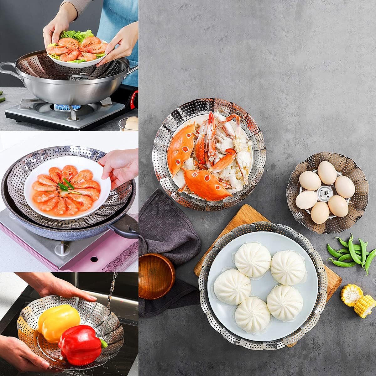 Steamer Basket - Vegetable Steamer - Stainless Steel - Steaming Rack - Steamer Basket Pan - Adjustable - Foldable Steamer Basket - Diameter 24 Cm - Steam Flower - Steamer Basket - For Vegetables, Pans and Various Cooking Processes - Silver - 1 Piece - Image 4