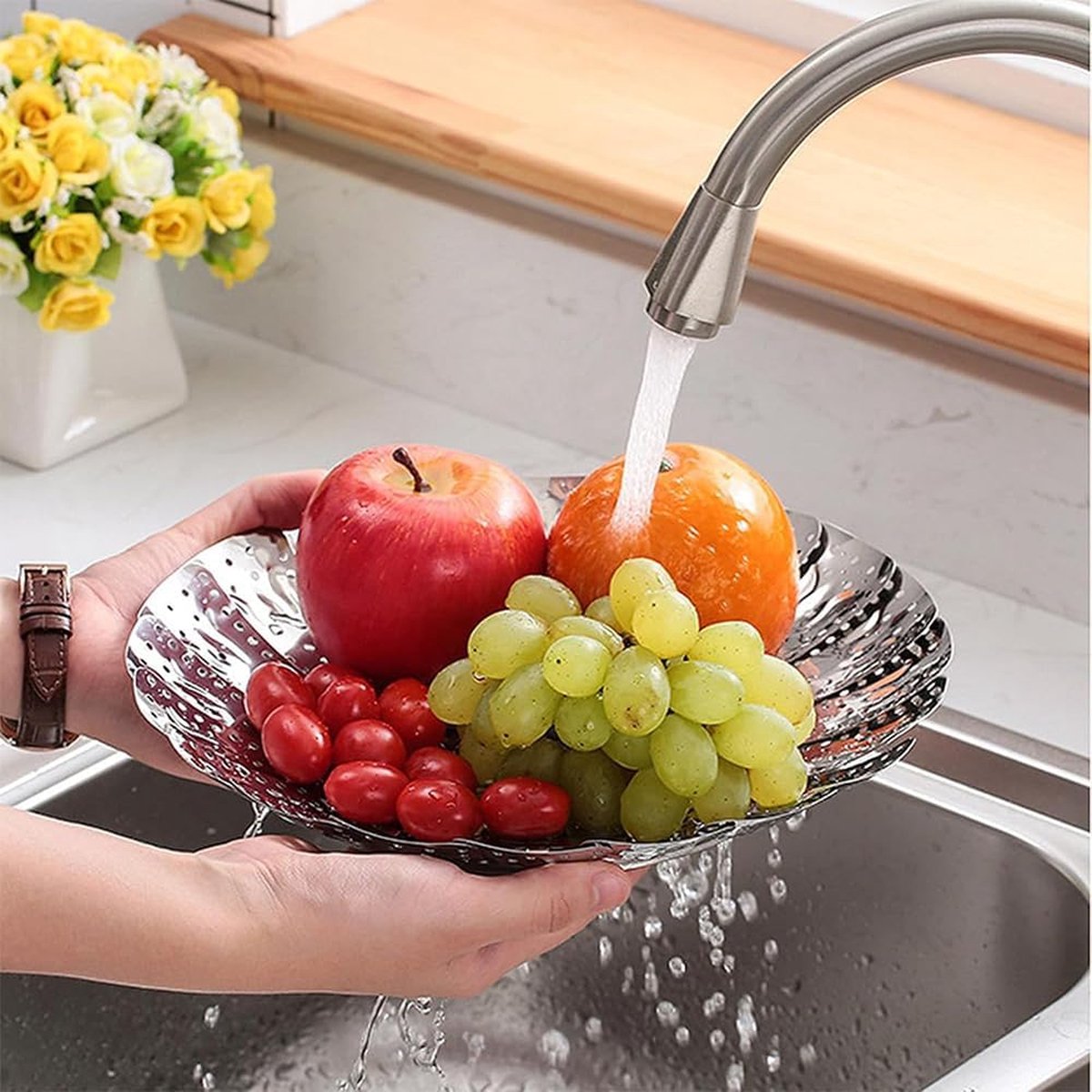 Steamer Basket - Vegetable Steamer - Stainless Steel - Steaming Rack - Steamer Basket Pan - Adjustable - Foldable Steamer Basket - Diameter 24 Cm - Steam Flower - Steamer Basket - For Vegetables, Pans and Various Cooking Processes - Silver - 1 Piece - Image 5