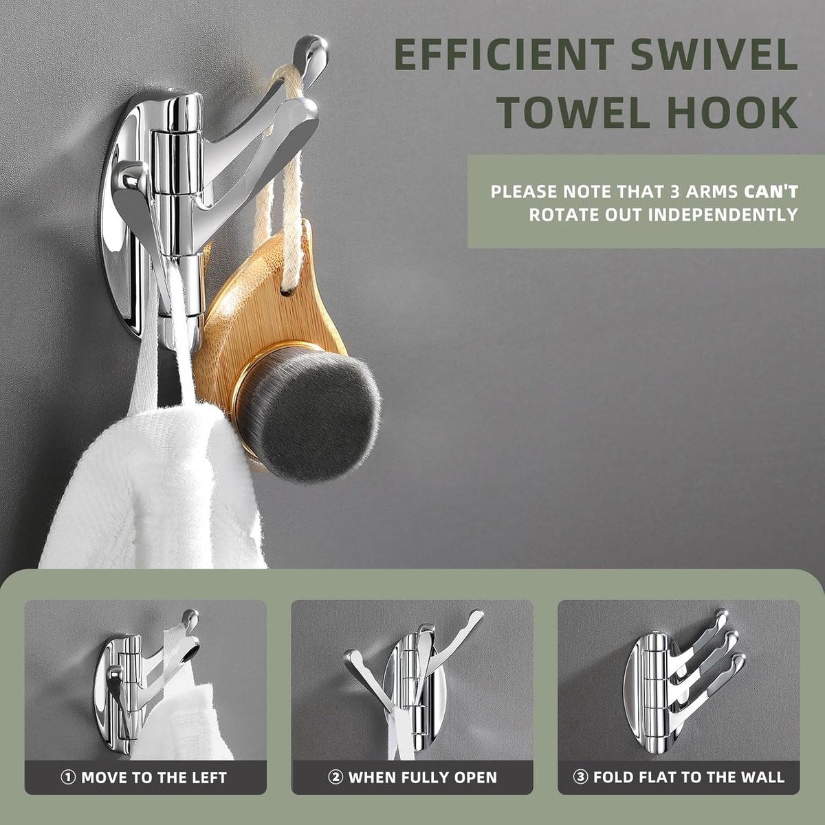 Wall Hook - Swivel Hooks - Foldable Coat and Towel Hook - Triple Hook - Small Hooks - Hanging Hooks - Wall Hook - Coat Hook - Towel Hanger - Small Towel Hooks - Coat Rack Hook - Coat Rack Hooks - Hat Hook - Metal - For Bathroom, Kitchen - Chrome Silver - Image 3