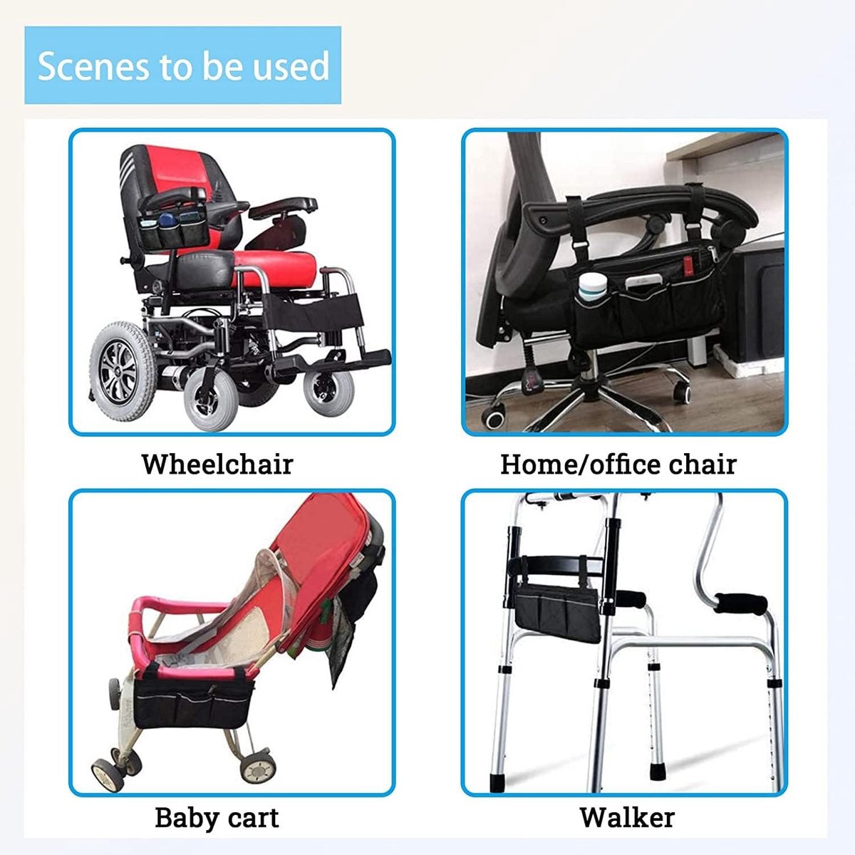 Wheelchair Armrest Storage Bag - Wheelchair Bag with 4 Storage Compartments - 32.5 x 18 cm - Waterproof Armrest Bag - with Safety Reflective Stripe - Universal Wheelchair Side Bag - Wheelchair Bag - Mobility Scooter Bag - Wheelchair Shopping Bag - Black - Image 2