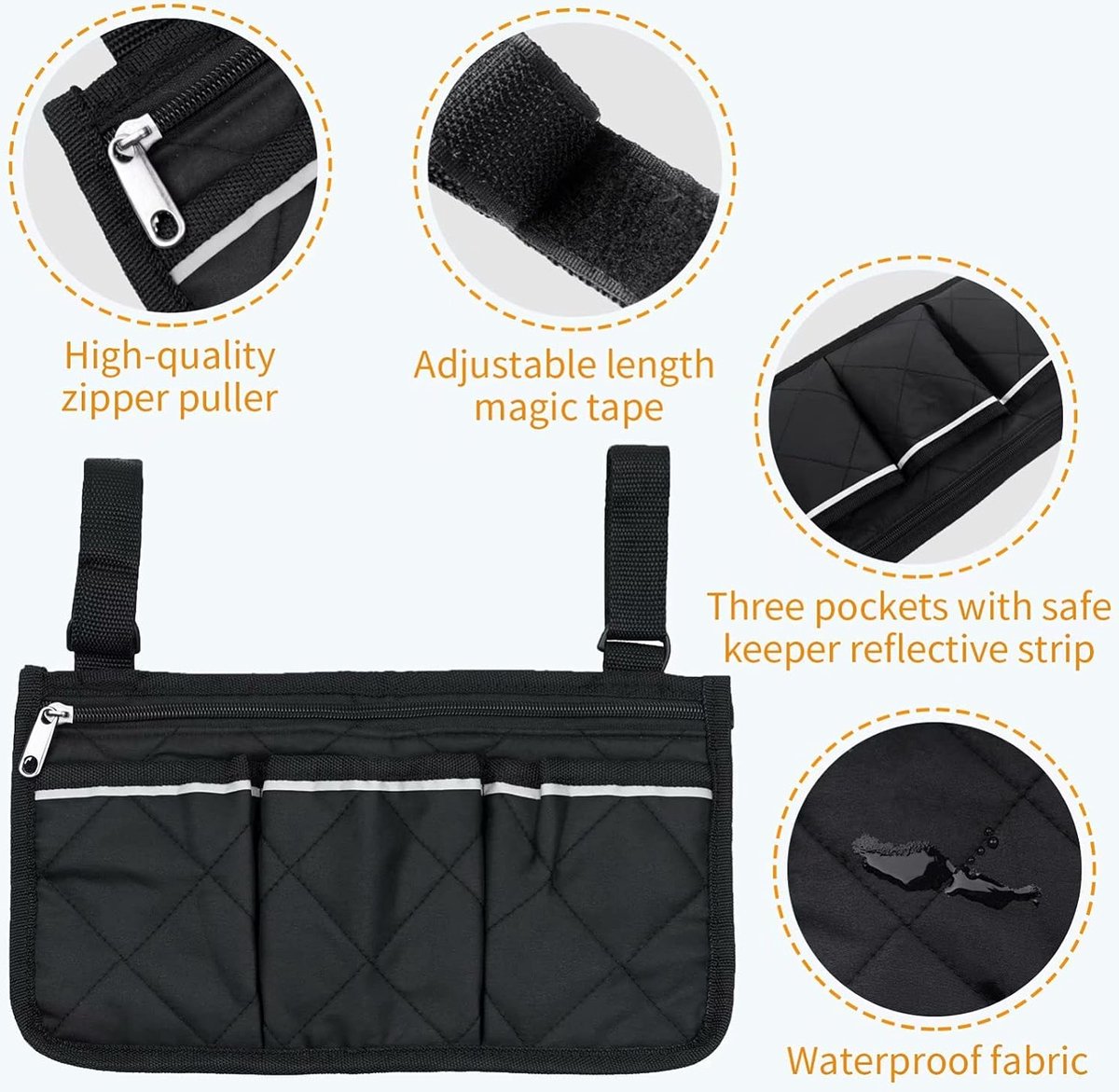 Wheelchair Armrest Storage Bag - Wheelchair Bag with 4 Storage Compartments - 32.5 x 18 cm - Waterproof Armrest Bag - with Safety Reflective Stripe - Universal Wheelchair Side Bag - Wheelchair Bag - Mobility Scooter Bag - Wheelchair Shopping Bag - Black - Image 3