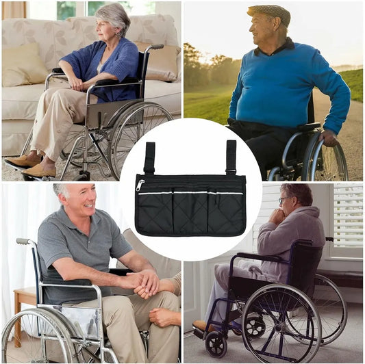 Wheelchair Armrest Storage Bag - Wheelchair Bag with 4 Storage Compartments - 32.5 x 18 cm - Waterproof Armrest Bag - with Safety Reflective Stripe - Universal Wheelchair Side Bag - Wheelchair Bag - Mobility Scooter Bag - Wheelchair Shopping Bag - Black - Image 4