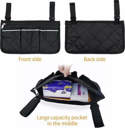 Wheelchair Armrest Storage Bag - Wheelchair Bag with 4 Storage Compartments - 32.5 x 18 cm - Waterproof Armrest Bag - with Safety Reflective Stripe - Universal Wheelchair Side Bag - Wheelchair Bag - Mobility Scooter Bag - Wheelchair Shopping Bag - Black - Image 5