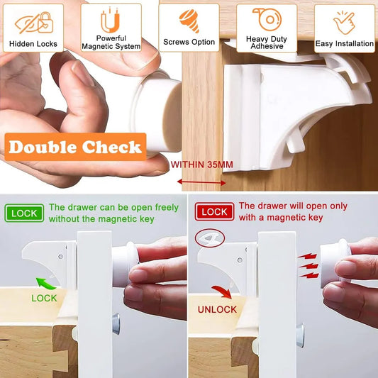 Magnetic Child Lock for Cabinets - Self-Adhesive Safety Hooks - 6 Locks and 2 Keys - Magnetic Lock - Cabinet Security for Children - Baby Toddler Magnetic Security for Cabinet, Door, and Drawer - Magnetic Closure - No Drilling or Screws - White - Image 3