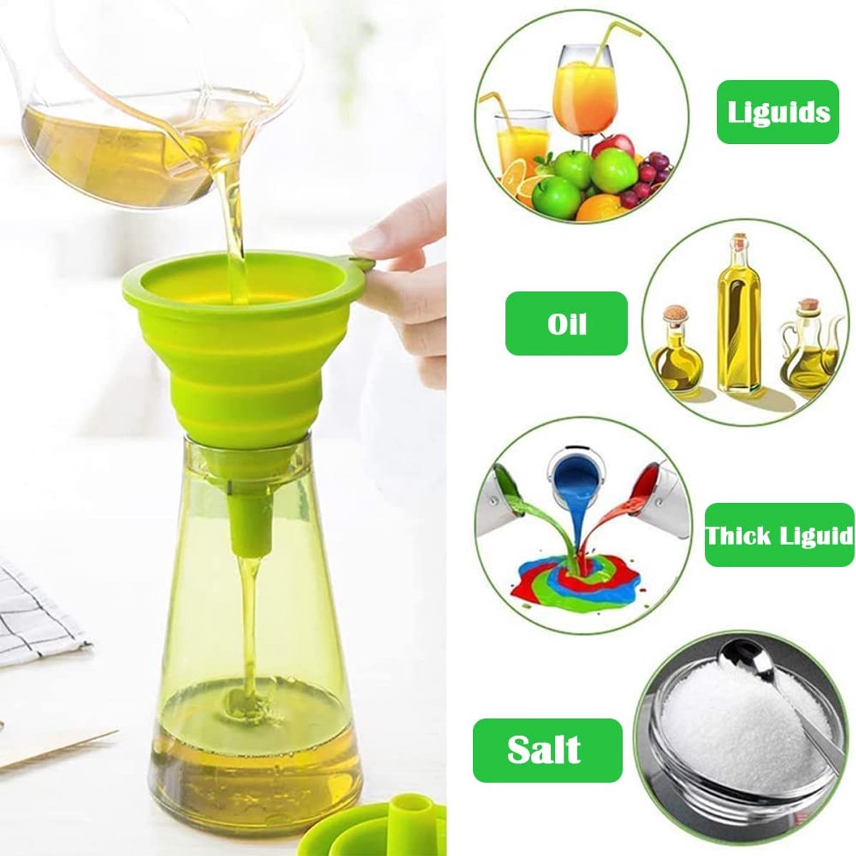 Funnel - Professional Funnel - Foldable Silicone Funnel - Multifunctional - Heat Resistant - Easy to fold and store - Hangable - Cooking Kitchen Accessories Gadgets - Green - 1 piece - Image 2