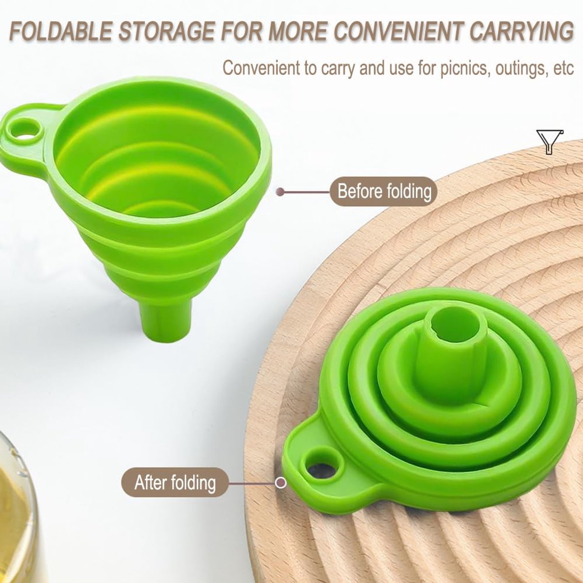 Funnel - Professional Funnel - Foldable Silicone Funnel - Multifunctional - Heat Resistant - Easy to fold and store - Hangable - Cooking Kitchen Accessories Gadgets - Green - 1 piece - Image 4