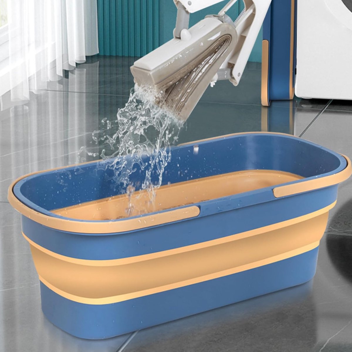 Mop Bucket - Bucket - Household Bucket - Floor Cleaning/Mopping - Portable Mop Bucket - Soap Bucket - Synthetic Mop Bucket - Cleaning Supplies - Flat Mop Bucket - Foldable - Space-Saving - With Handle - For Large Floor Surfaces - Blue - Image 2