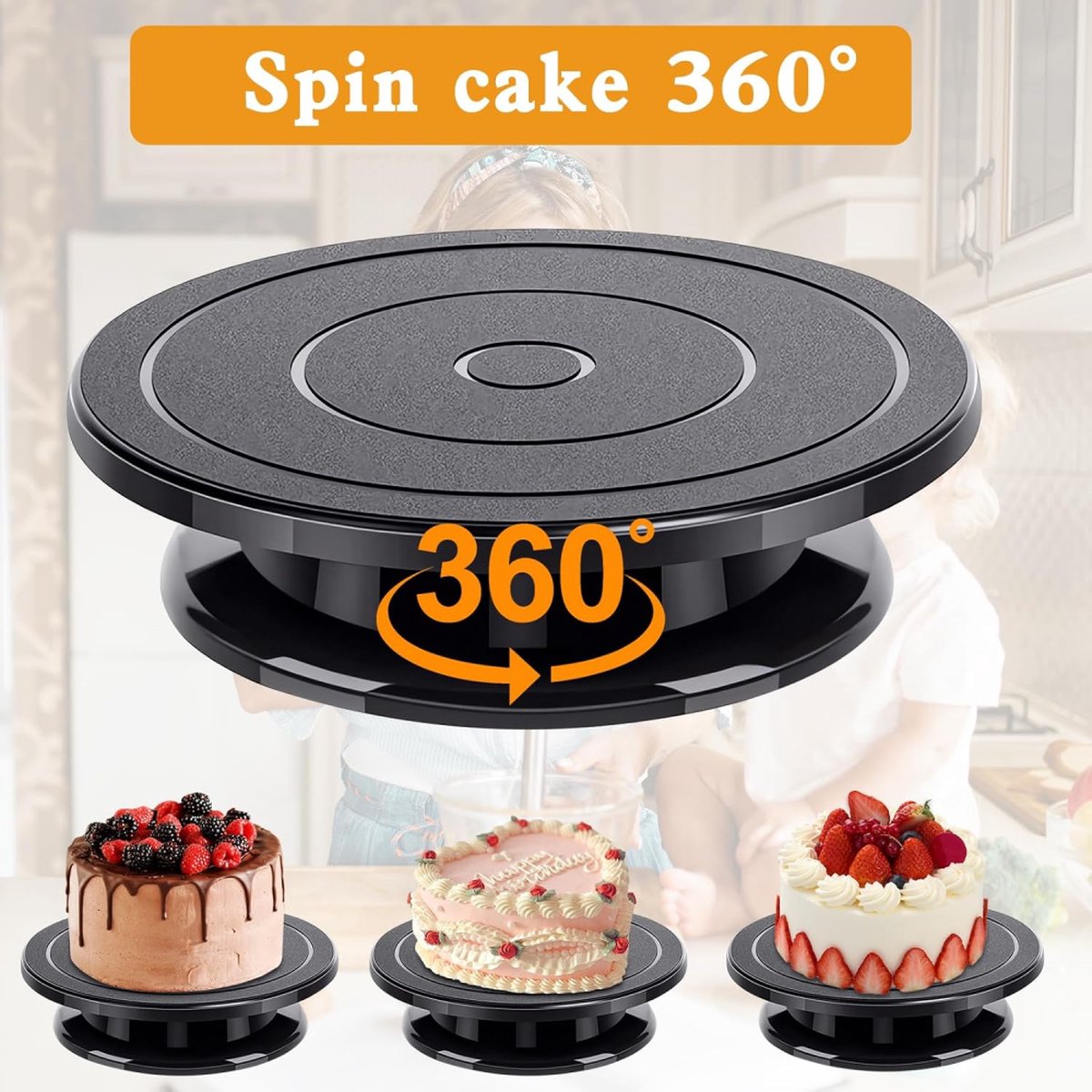 Rotating Cake Stand - Cake Turntable - Cake Stand with Base - Cake Dish - Cake Plate - Cake Plate - Cake Stand - Cake Stand - ø 28cm - Turntable - Anti-Slip - Cake Decoration - Baking Supplies - Cake Decorations - Cake Topper - Black - Image 4