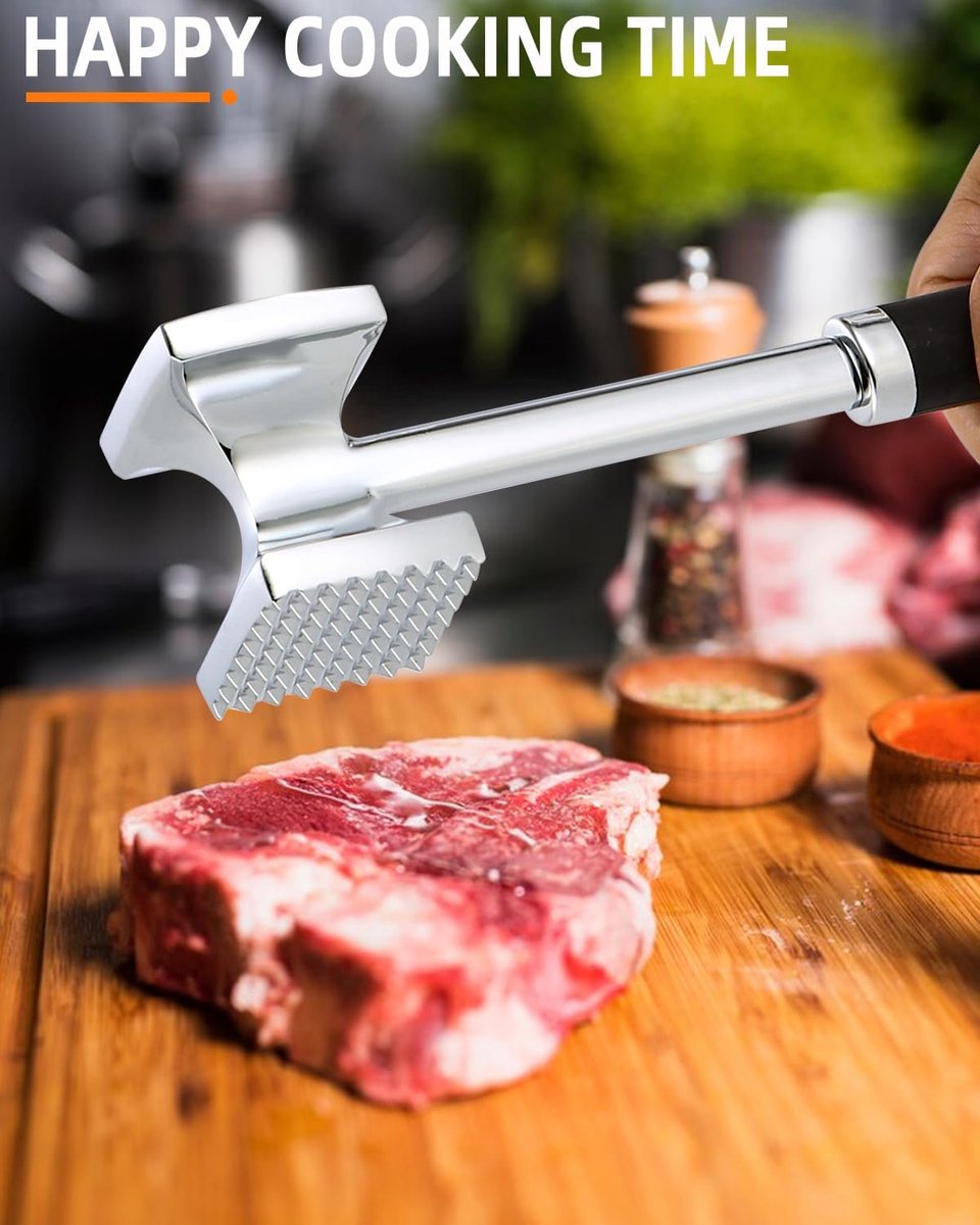 Meat Hammer - Professional Meat Hammer - Ergonomic Handle - Easy to hold - practical - Robust design - Meat Tenderizer - BBQ accessories - for Schnitzels Steak Beef - Meat Stamper - Kitchen Utensils - aluminum - silver - Image 3