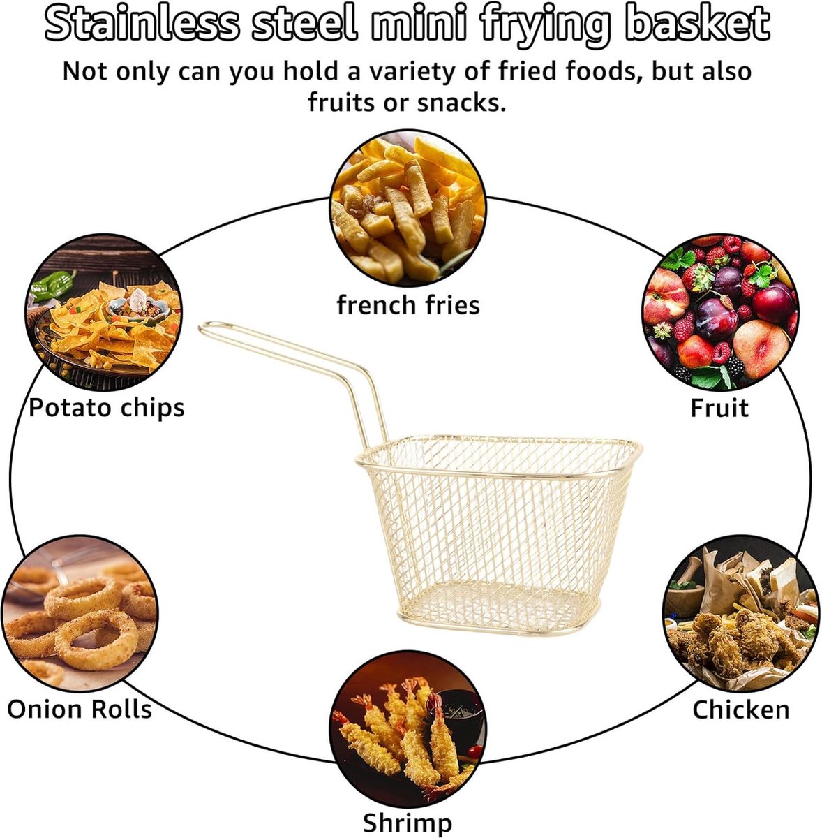 Frying Basket - 2 Pieces - Frying Colander - Frying Scoop - Vegetable Cooker - Draining Rack - Snack Serving Basket - For Fries And Snacks - Stainless Steel - With Handle - Serve Fries/Snacks In A Basket - Rectangle - Gold - Image 4