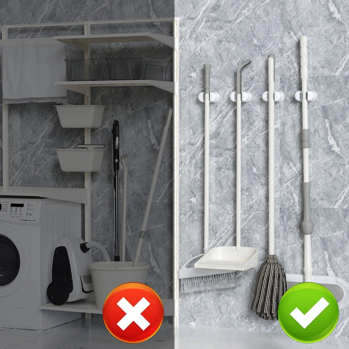 Broom Holder - 3 Pieces - Self-Adhesive - Broom Hanging System - Broom Holder - Garden Tools - Tool Holder - Wall Mount - For Office, Kitchen, Garage, Garden, Storage and Save Space - For Mop and Broom - White - Image 4
