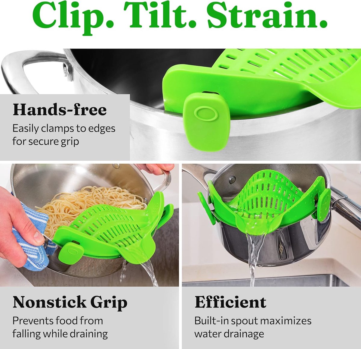 Silicone Colander - Kitchen Draining Lid - Draining Aid - Silicone - BPA Free - Safe Hands-Free Draining - Colander - Safe Draining - Solid Compact Kitchen Draining Lid - Draining Lid - Green - Dishwasher Safe - For All Sizes of Pans - Image 5