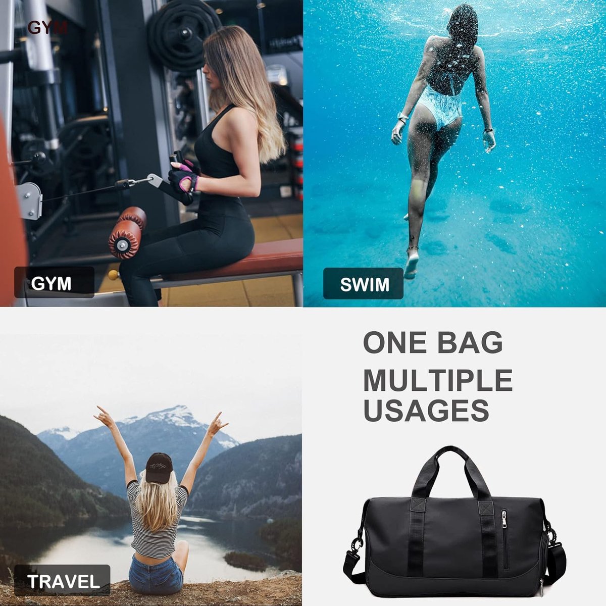 Travel Bag - Gym Bag - Hand Luggage Travel Bag - 47 x 25 x 22 cm - Sports Bag - Shoulder Bag - Waterproof and durable - With shoe compartment - Wet and dry - Suitable for men and women Swimming Sports Travel Gym Bag (black) - Image 5