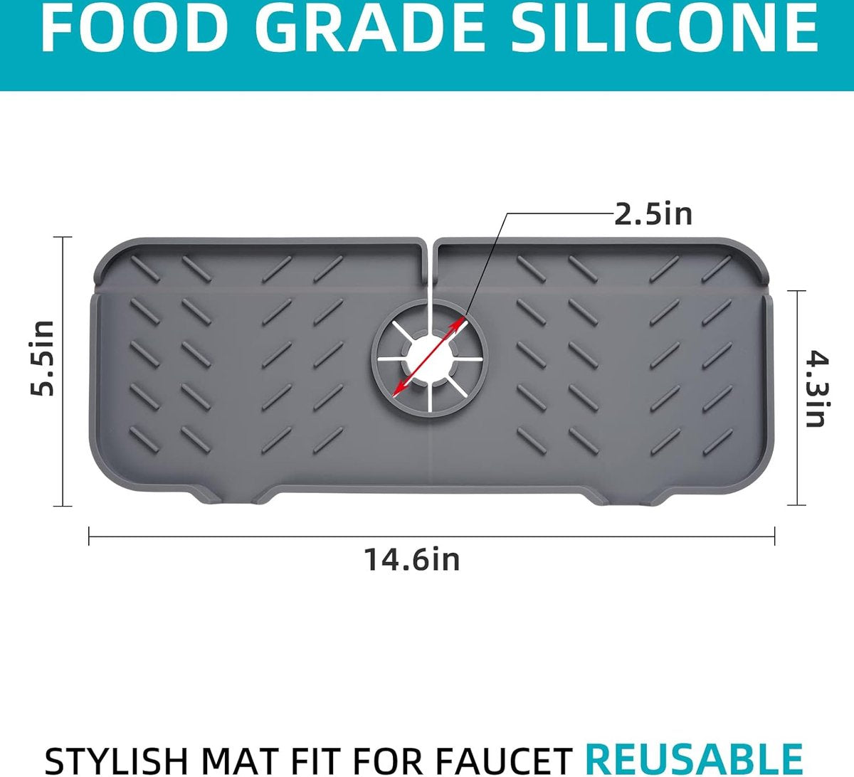 Silicone Faucet Mat - 37 x 14.5 CM - Draining Mat - Silicone Mat for Kitchen Faucet - Washbasin Splash Protection - Drain Pad - Sink Mat - Countertop Accessories - Sink - Drying Mat - Kitchen - Bathroom - Grey - Non-slip - Image 3