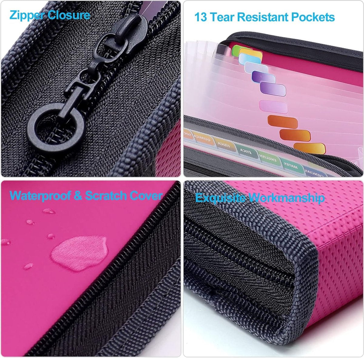 Project Folder - A4 - Foldable File Folder with Tabs - 13 Compartments - Storage Folder/Sorting Folder - Compartment Folder - Durable Plastic Document Folder - Writing Folder with Zipper - Conference Folder - Work Folder - Document Folder - Pink - Portabl - Image 5