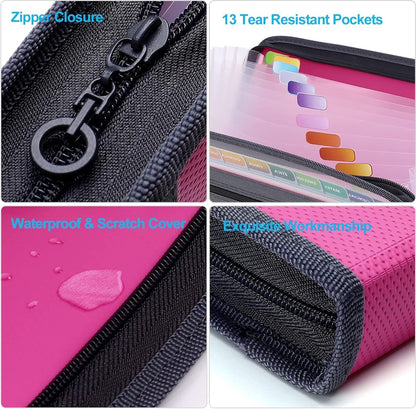 Project Folder - A4 - Foldable File Folder with Tabs - 13 Compartments - Storage Folder/Sorting Folder - Compartment Folder - Durable Plastic Document Folder - Writing Folder with Zipper - Conference Folder - Work Folder - Document Folder - Pink - Portabl - Image 5