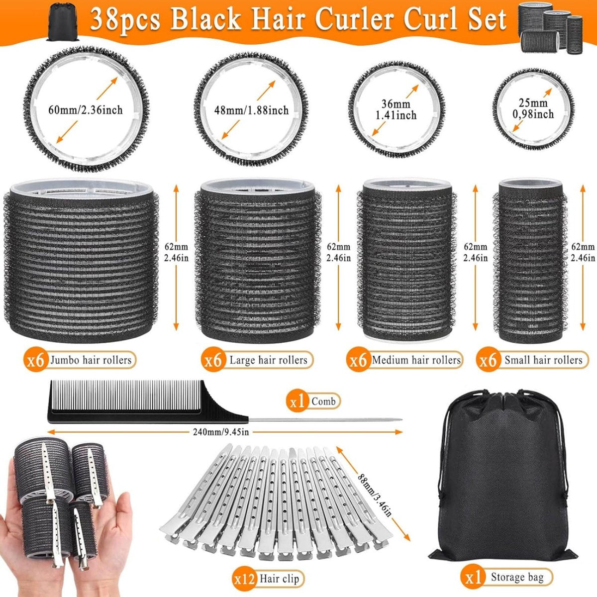 Curlers - 38 Pieces - 4 Sizes - Heatless Curls - Hair Rollers - Hair Curler - Adhesive Rollers - Hair Rollers - Curlers - Heatless Curls - Hair Curler - With Comb, 12 Hair Clips And Storage Bag - Various Curling Effects - Black - Image 5