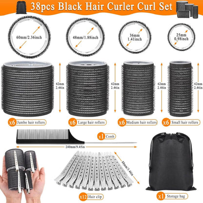 Curlers - 38 Pieces - 4 Sizes - Heatless Curls - Hair Rollers - Hair Curler - Adhesive Rollers - Hair Rollers - Curlers - Heatless Curls - Hair Curler - With Comb, 12 Hair Clips And Storage Bag - Various Curling Effects - Black - Image 5