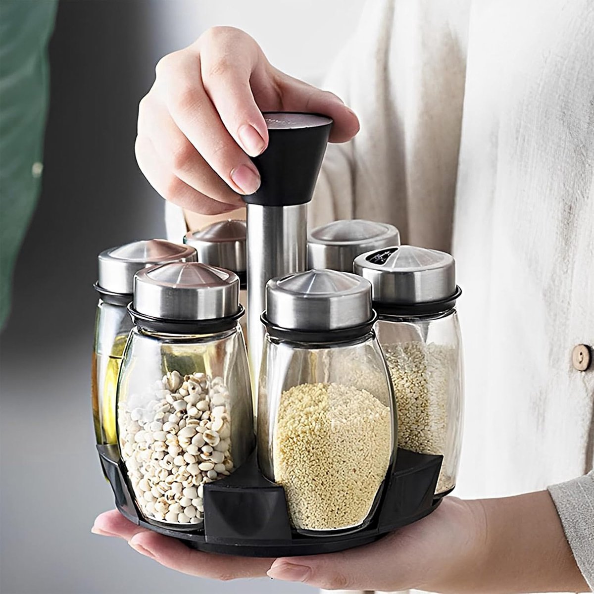 Spice Organizer | 360° Rotatable | With 6 Spice Jars | Glass Jars | 6 Spice Jars on Rack | - Image 2